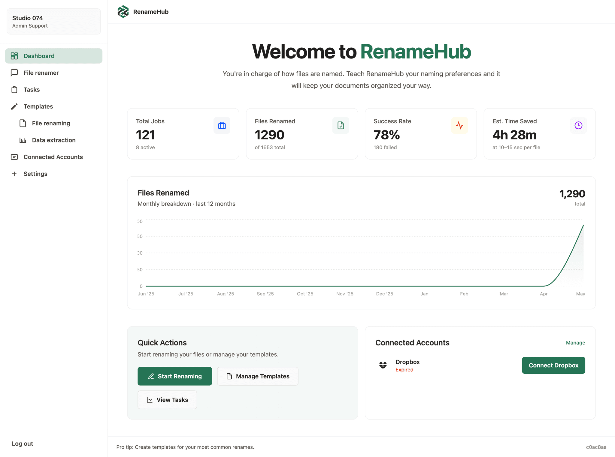 RenameHub dashboard preview showing rename templates and file list